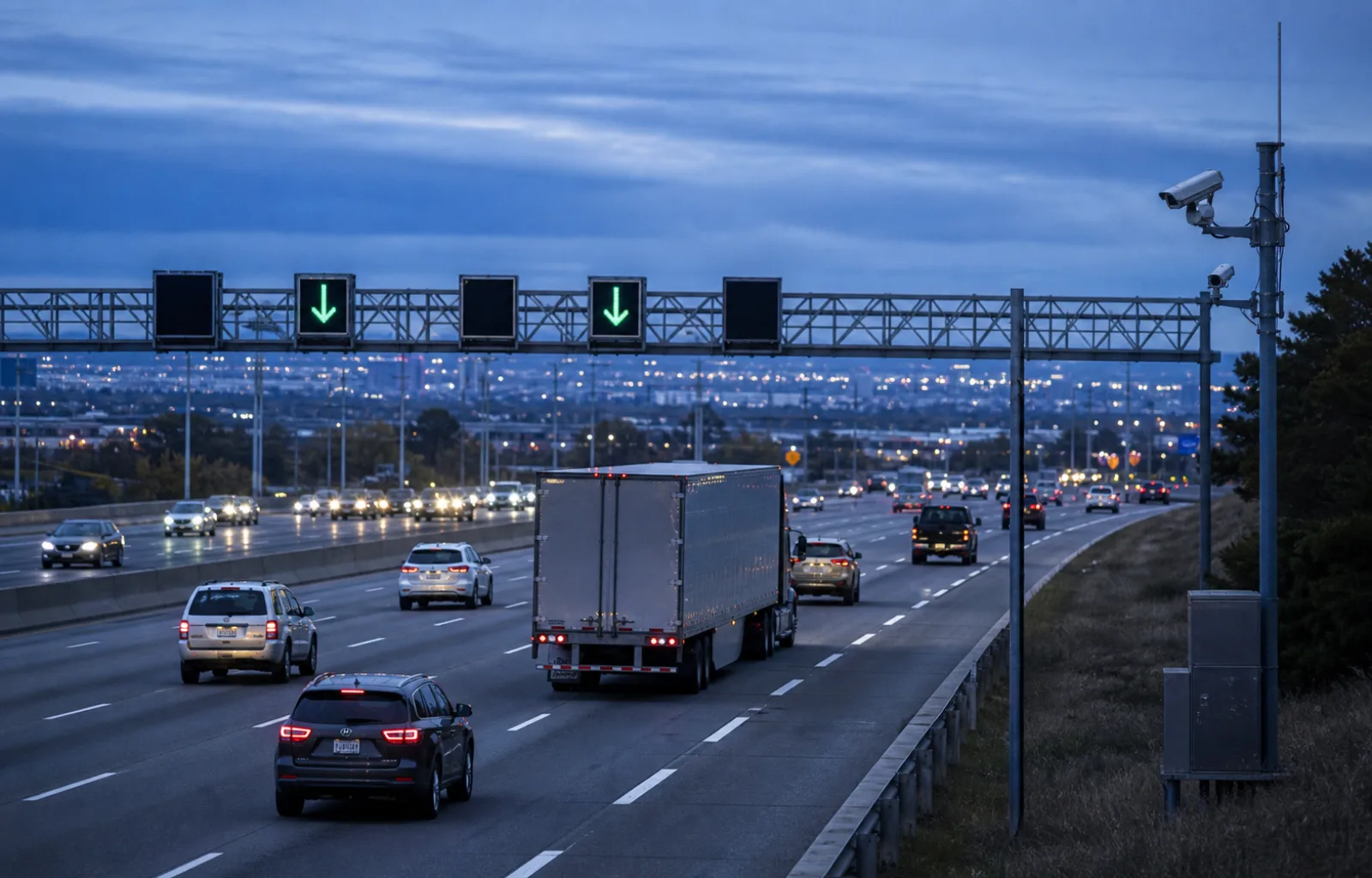 A semi truck and passenger vehicles travel beneath electronic lane-control gantries and roadside traffic cameras at blue hour