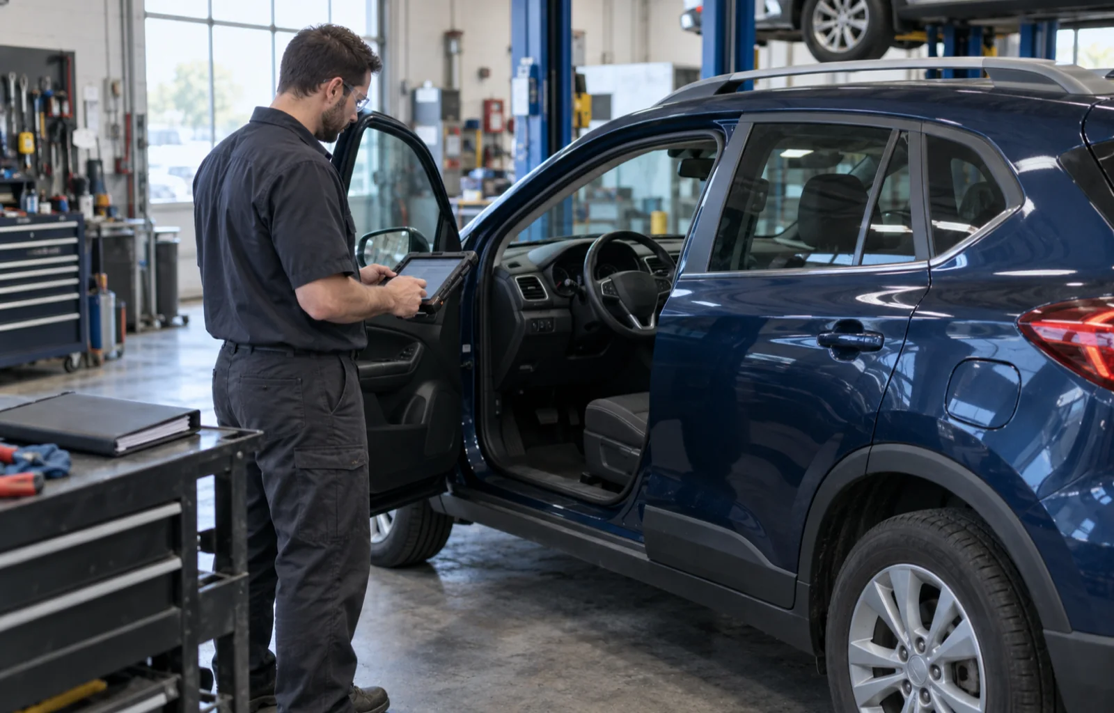 A trained technician reviews diagnostic information beside a used blue crossover with its intact steering wheel visible through the open driver door