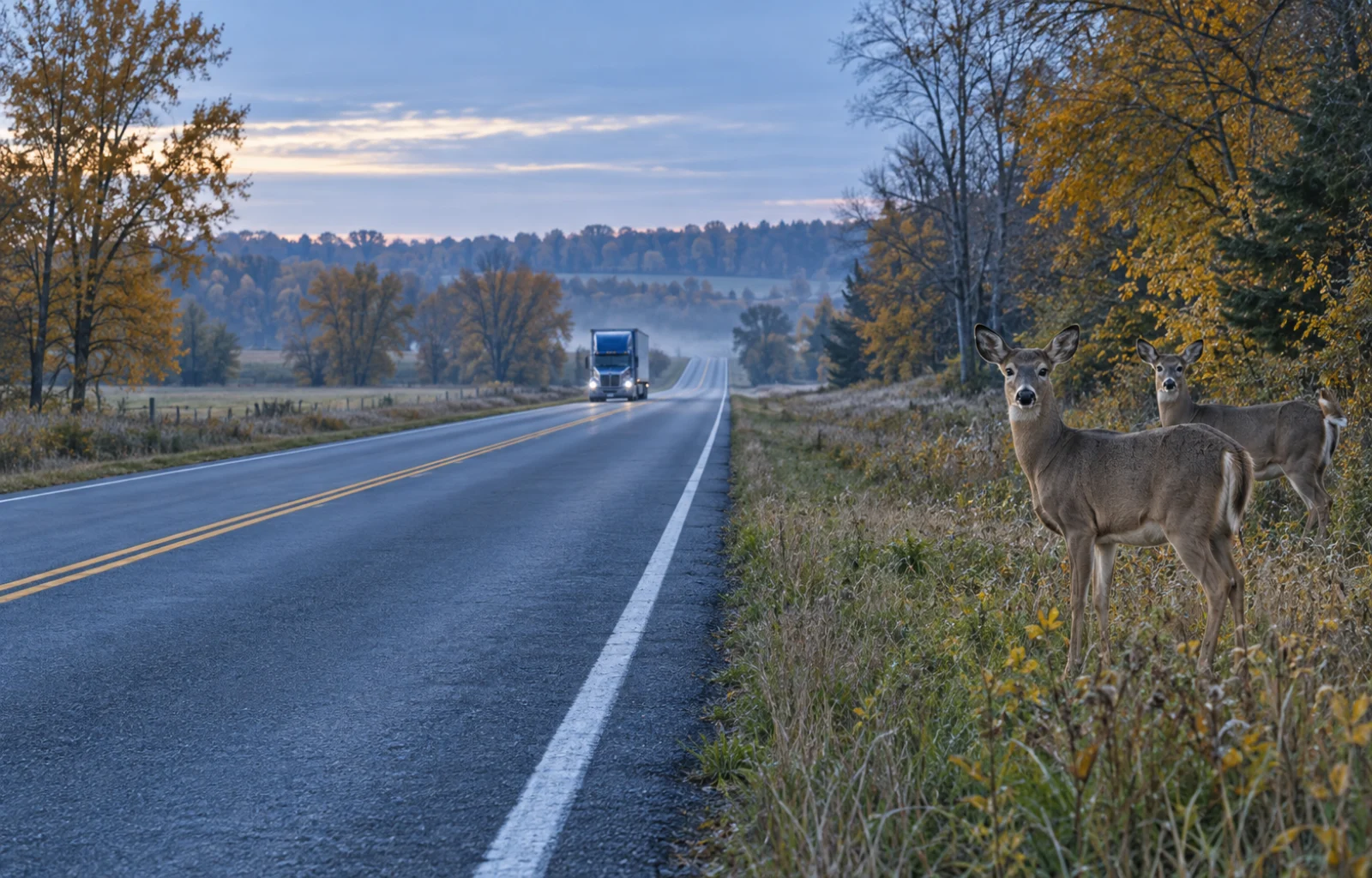 Illustrative dawn scene with two deer on a grassy verge beside a rural two-lane road and an unbranded blue tractor-trailer approaching in the distance