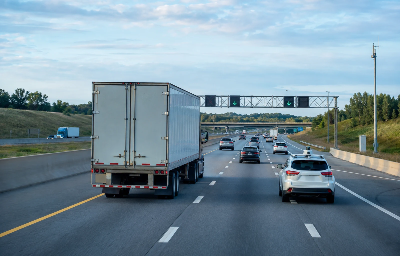 A tractor-trailer and passenger vehicles, including a sensor-equipped SUV, share an interstate beneath lane-control signals