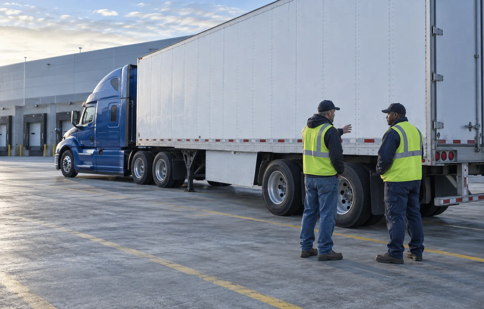 Illustrative scene of a truck driver and a worker in a high-visibility vest discussing a backing plan beside a stationary blue tractor and white trailer in a spacious delivery yard