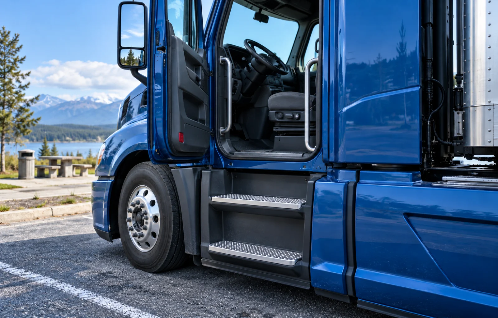 Illustrative view of a safely parked blue truck cab with its door open, textured access steps, grab handles and a clear paved landing area