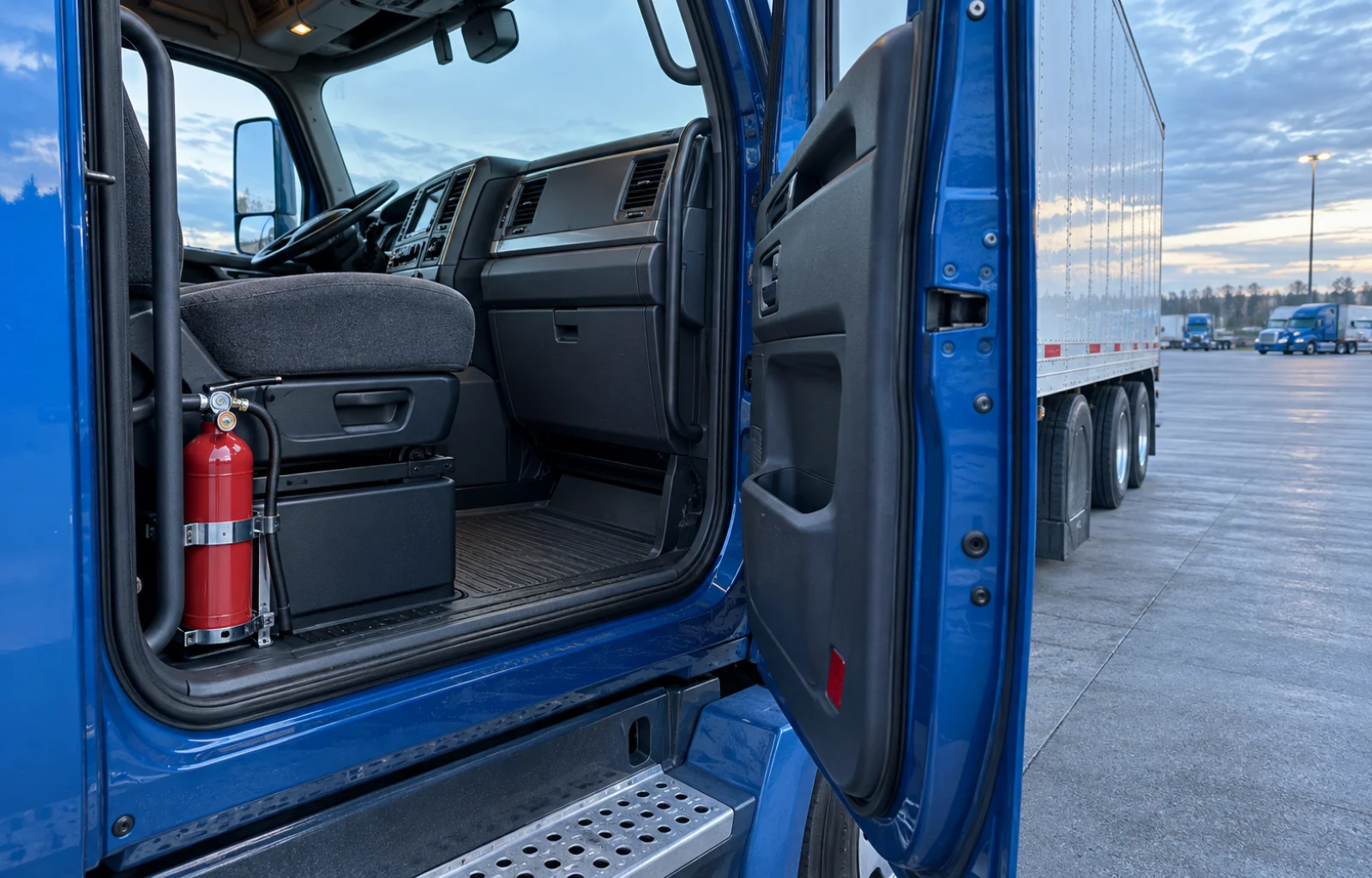 Illustrative view through the open passenger door of a parked blue tractor, showing a red fire extinguisher secured beside the seat and an unobstructed doorway in a paved fleet yard