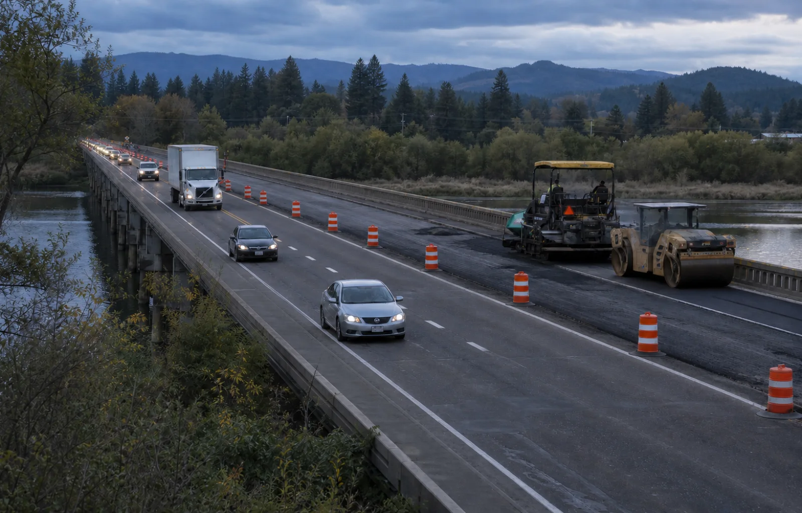 Traffic passing a separated paving work zone on a low bridge over a Pacific Northwest slough