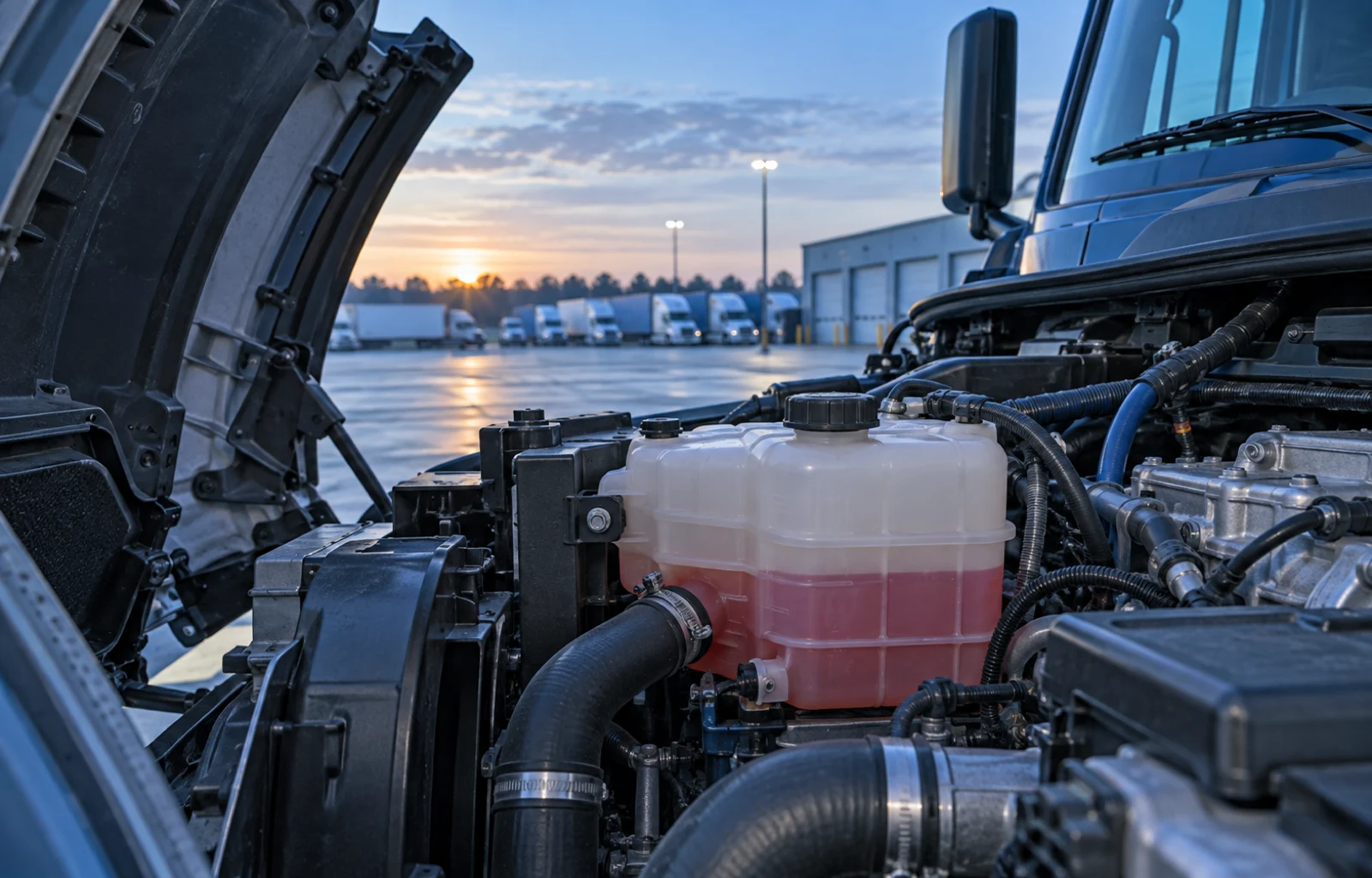 Illustrative view of a parked tractor with its hood tilted forward and a closed coolant surge-tank cap in a quiet maintenance yard