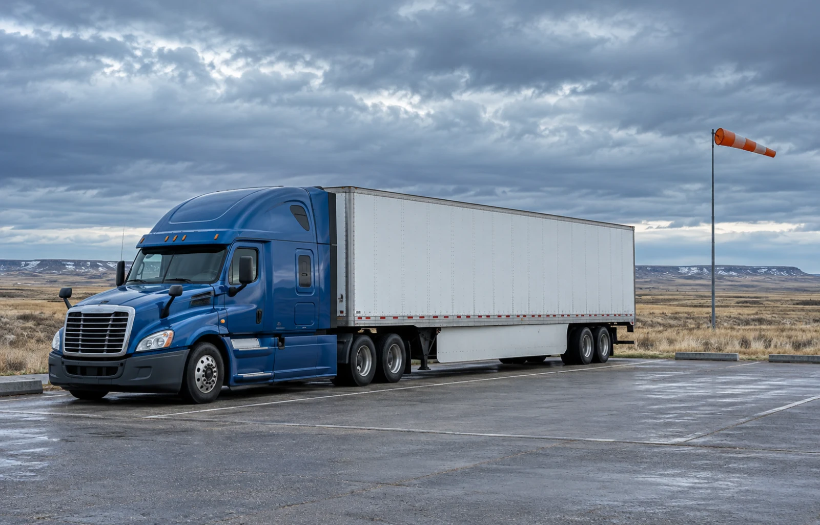 Illustrative scene of a blue tractor and white enclosed trailer parked in a paved truck-stop bay beneath slate clouds, with prairie grass and an extended windsock beyond the lot