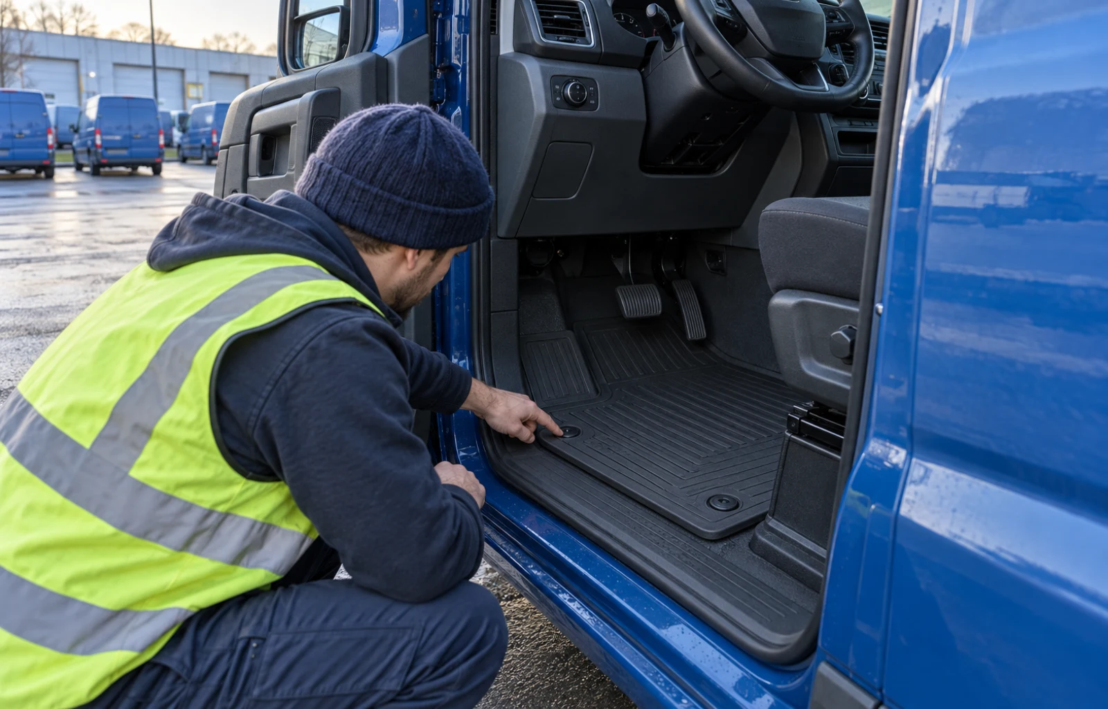 Illustrative scene of a worker outside a parked blue delivery van checking a fitted driver floor mat below the pedals