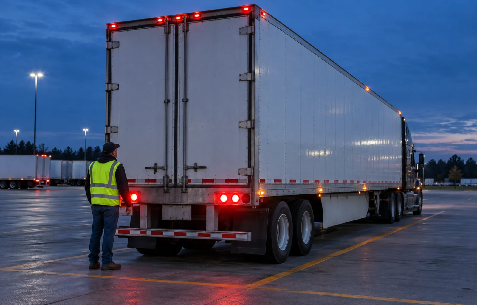 Illustrative view of a parked tractor-trailer at dusk as a driver checks its illuminated rear and side lamps from the ground