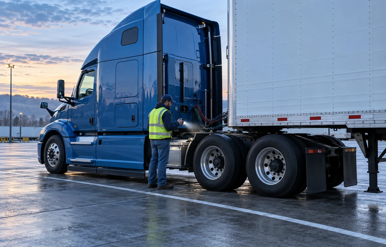 A driver with an inspection flashlight stands beside the rear wheels of a blue tractor coupled to a white trailer in a marked terminal bay