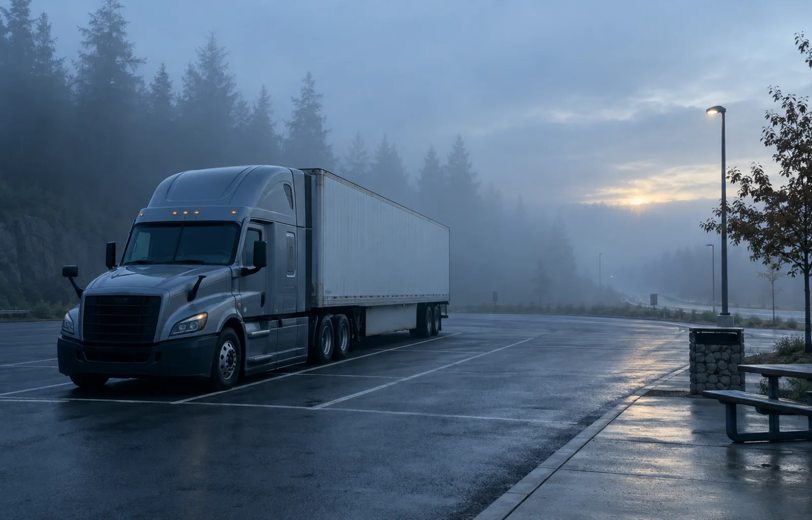 An unbranded tractor-trailer stands in a marked rest-area parking bay as morning fog softens the distant roadway
