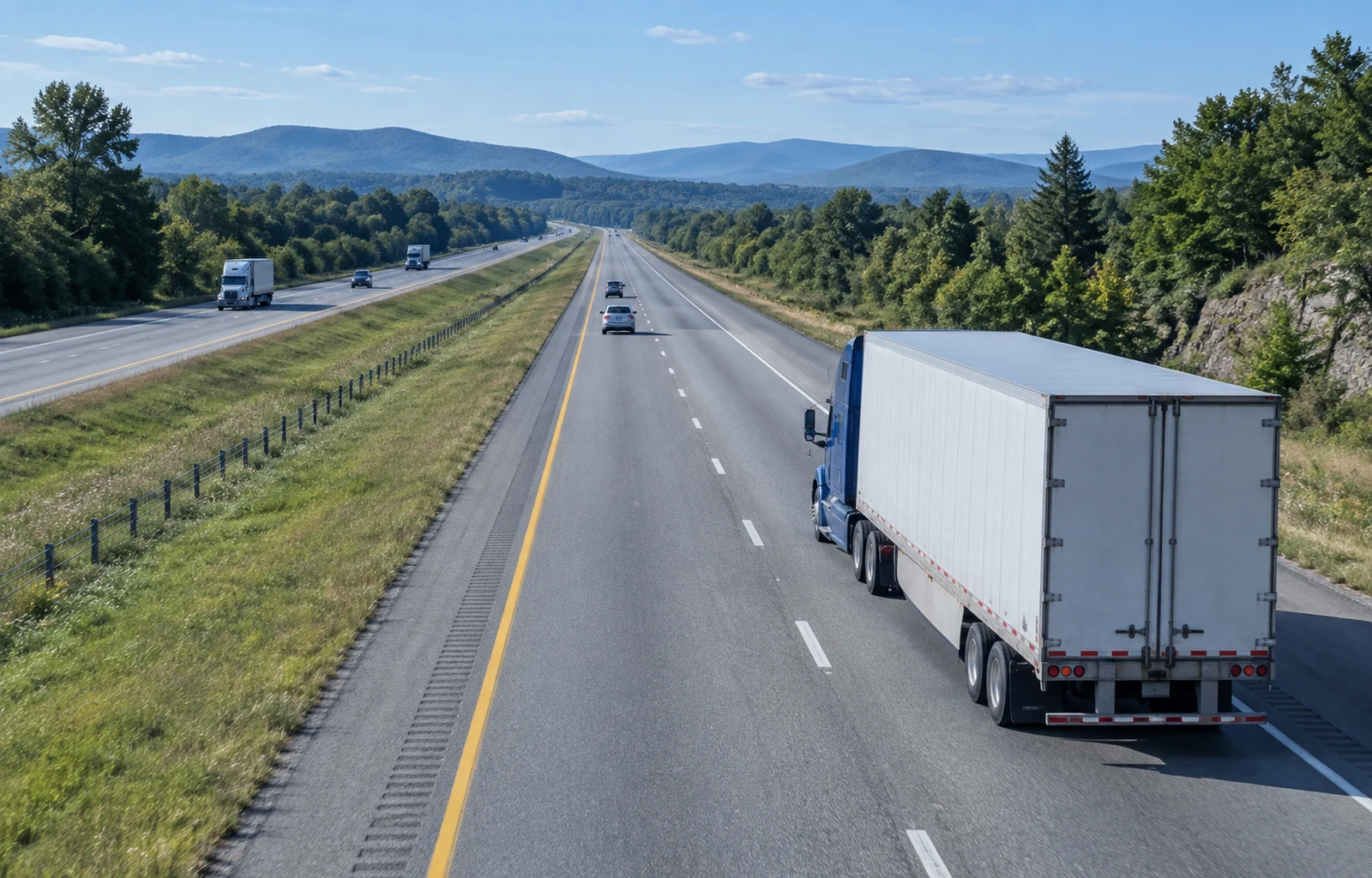 Illustrative elevated view of a blue tractor-trailer on a divided highway with open pavement ahead and passenger vehicles in the adjacent lane; the scene does not depict a measured following interval