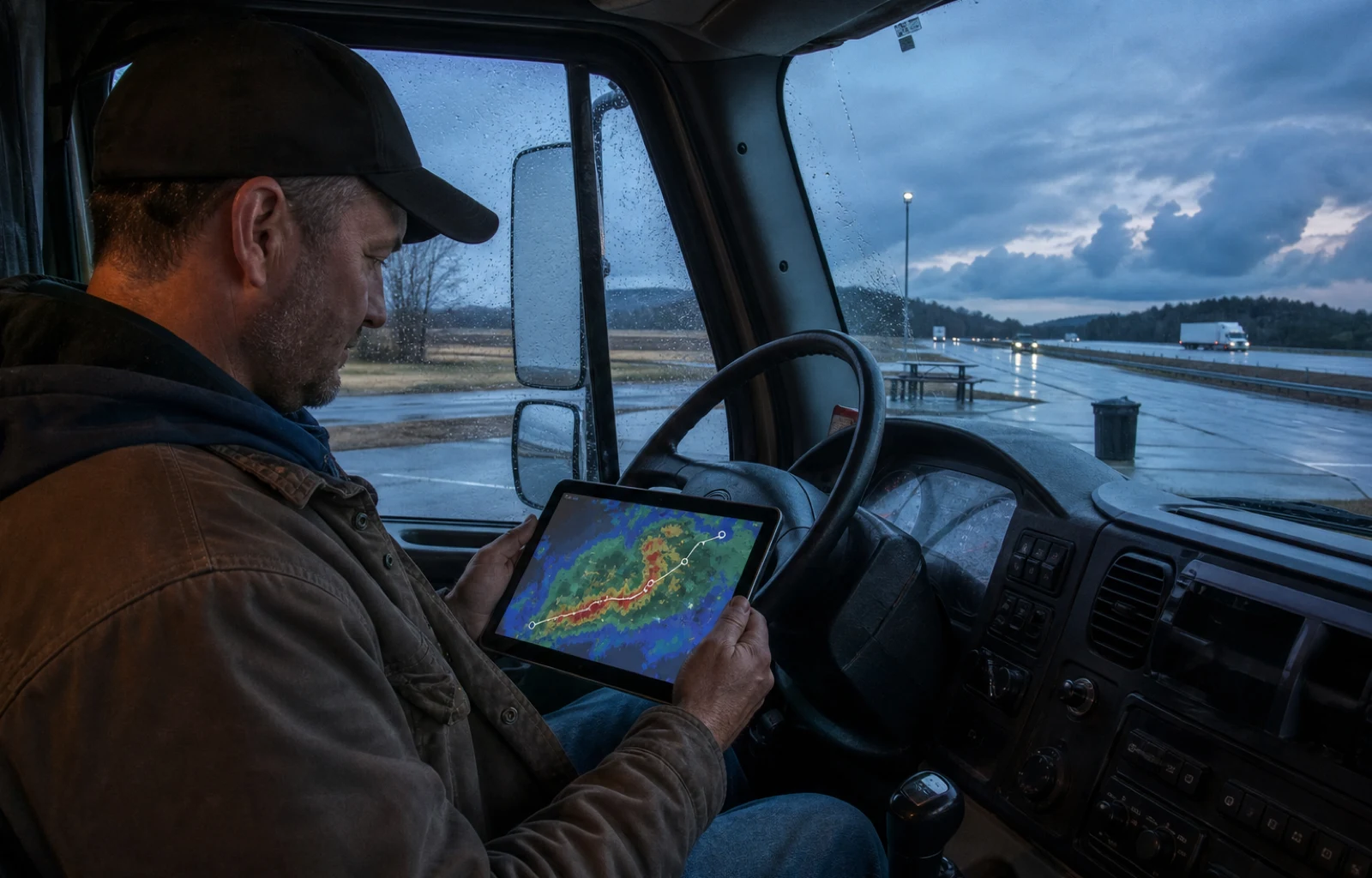 A parked truck driver reviews a storm route on a tablet at a rain-soaked interstate rest area