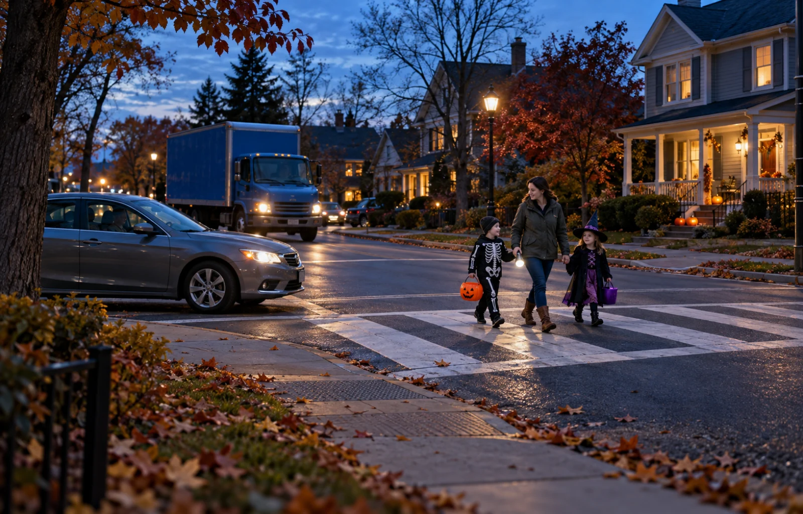 Illustrative neighborhood scene at dusk with an adult and two costumed children using a marked crosswalk while a car and a blue delivery truck wait nearby