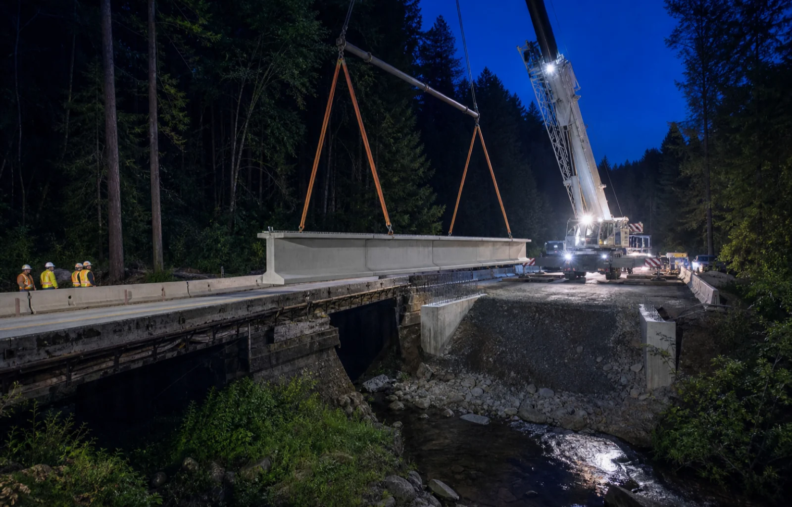 A crane lifts a concrete bridge girder above a closed forest highway at night