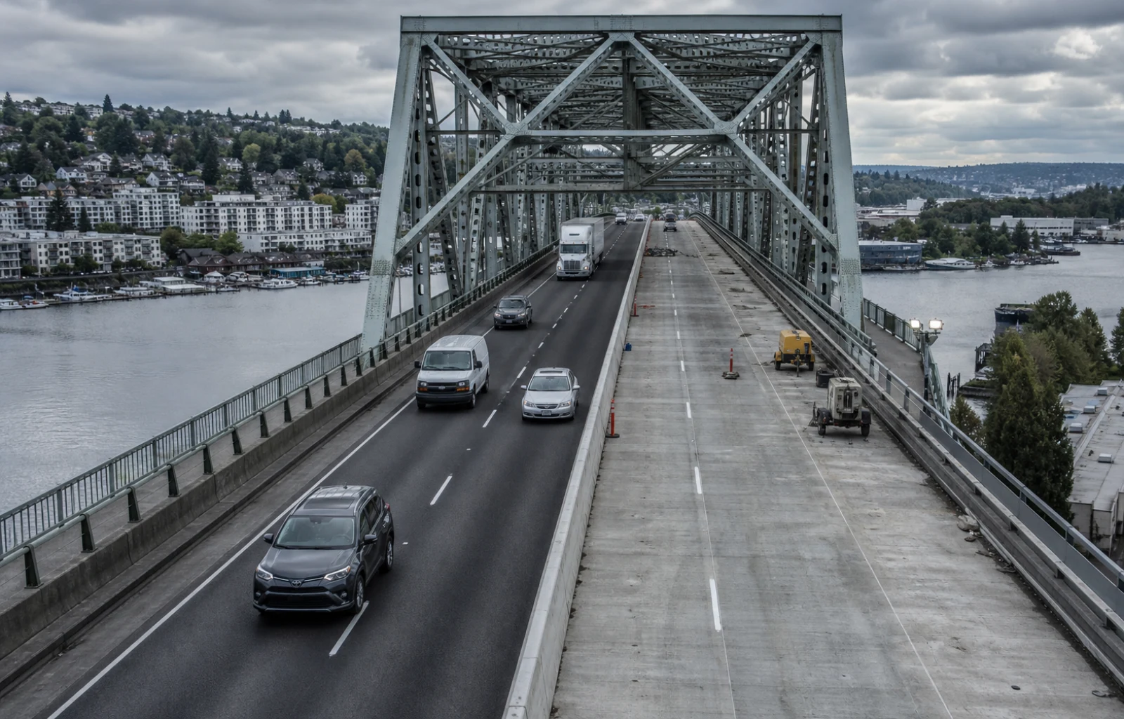 Northbound traffic using two open lanes beside a closed bridge work zone over Seattle's Ship Canal
