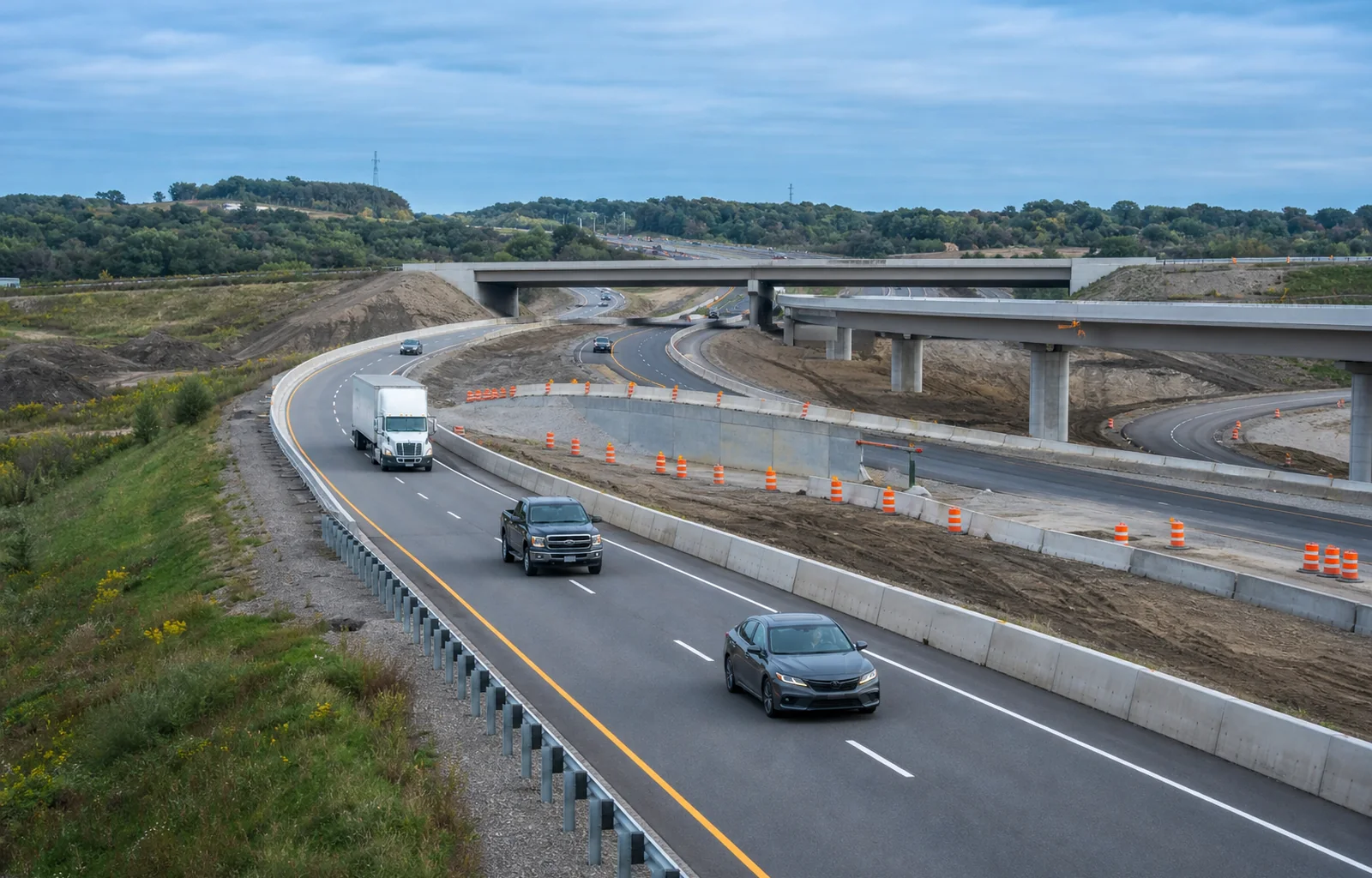 Cars and a semi-truck use an open interstate ramp beside closed ramps and bridge work