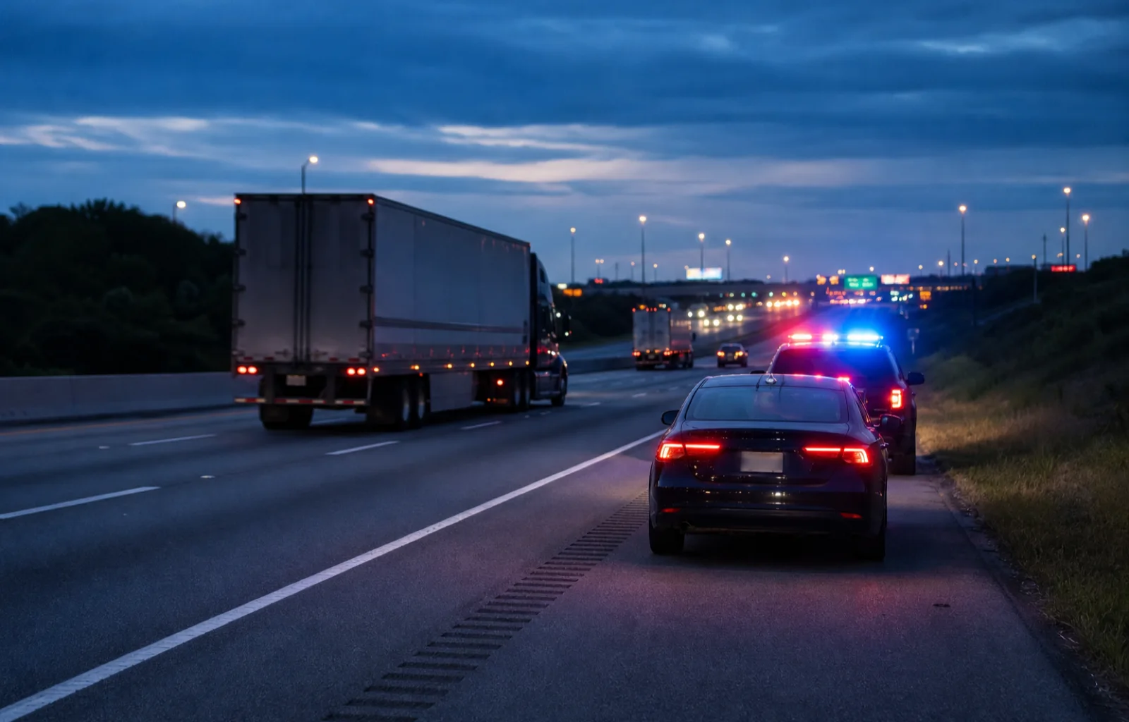 A semi truck passes a patrol vehicle and stopped car on an interstate shoulder at blue hour