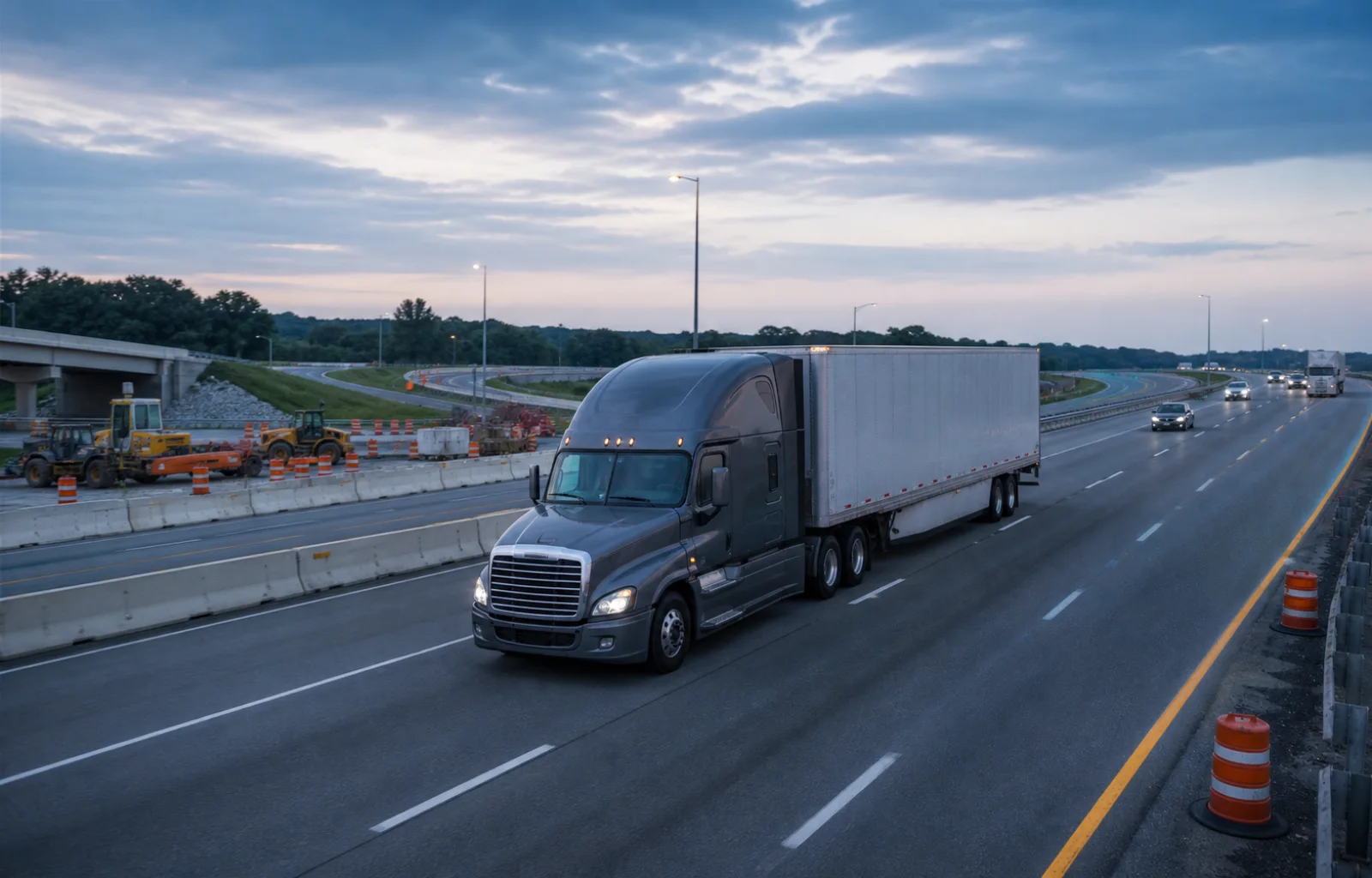 A tractor-trailer moves through an interstate interchange while construction equipment and barrels remain staged safely beyond the travel lanes at dawn