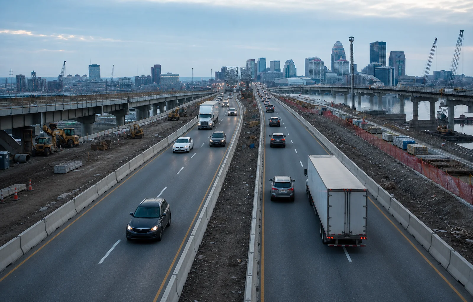 Traffic moving in two lanes each way through Louisville's I-65 Central Corridor construction zone