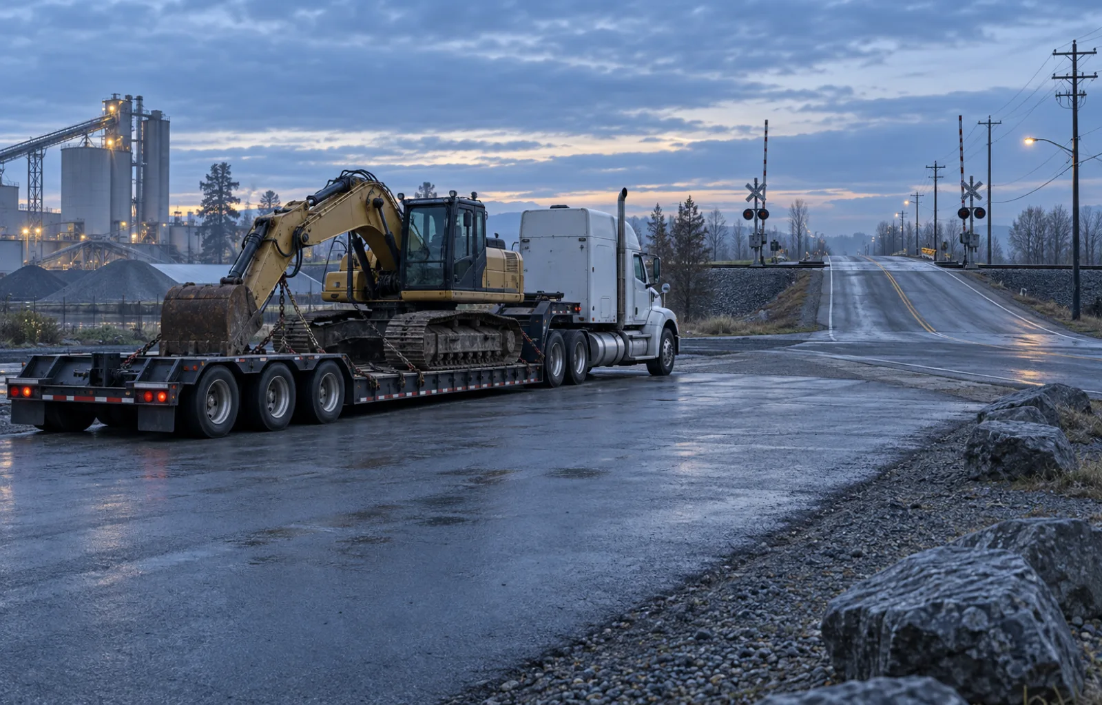 An unbranded tractor and equipment-carrying lowboy trailer wait in a paved staging area before a raised highway-rail crossing at cool-blue dawn