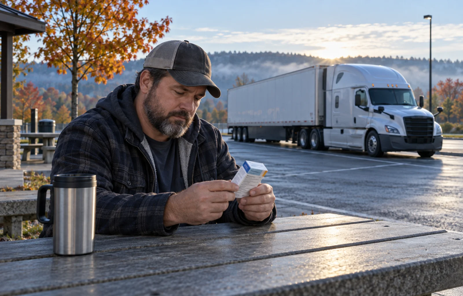 Illustrative scene of a driver reviewing a medicine carton at a rest-area picnic table beside a safely parked tractor-trailer