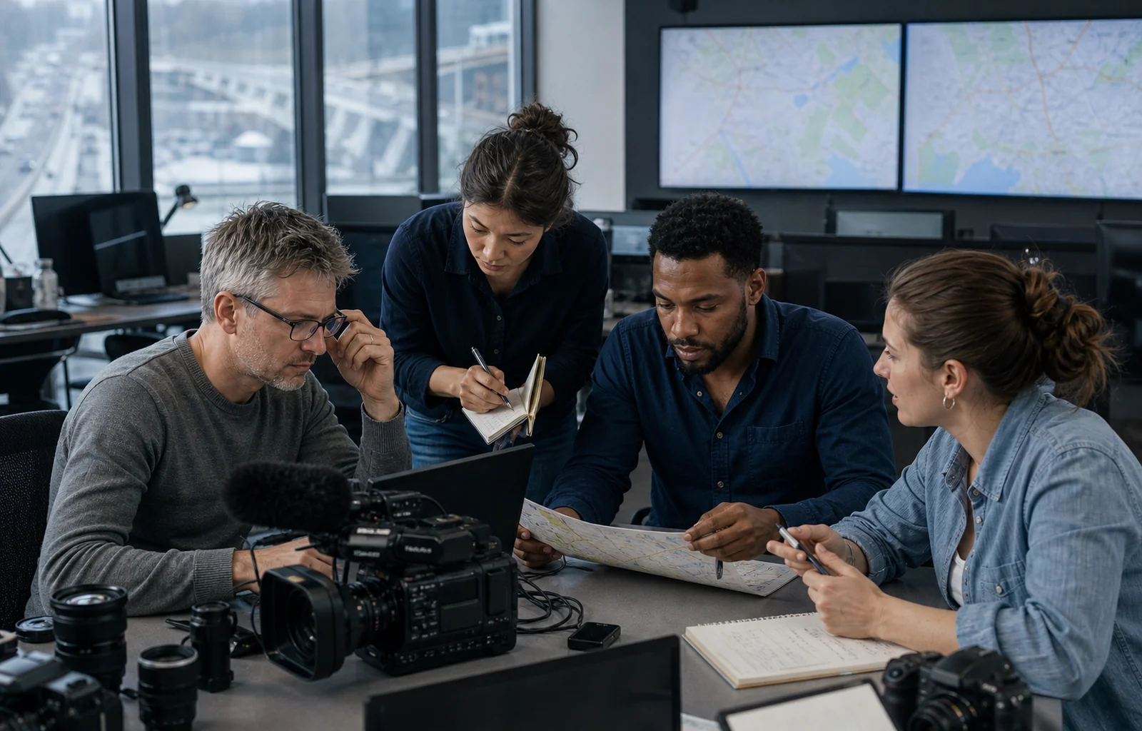 A four-person transportation news team reviewing maps, notes, and camera footage