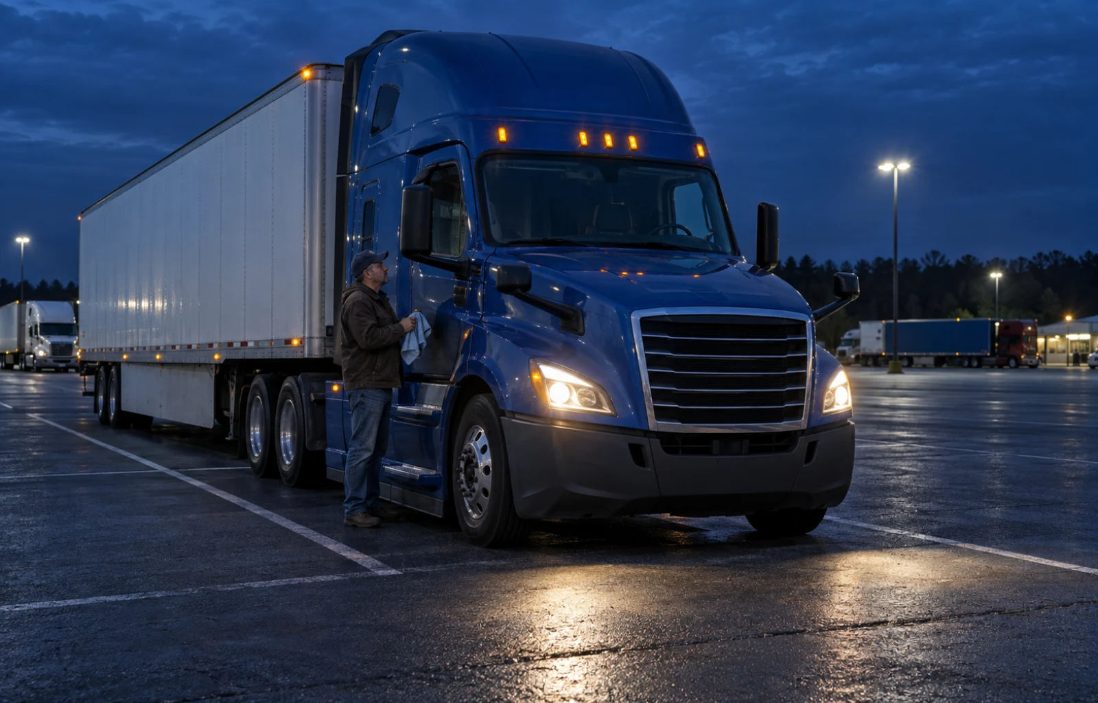 Illustrative blue-hour scene of a driver holding a cleaning cloth beside a blue tractor and white trailer parked in a truck-stop bay, with headlights illuminating the pavement