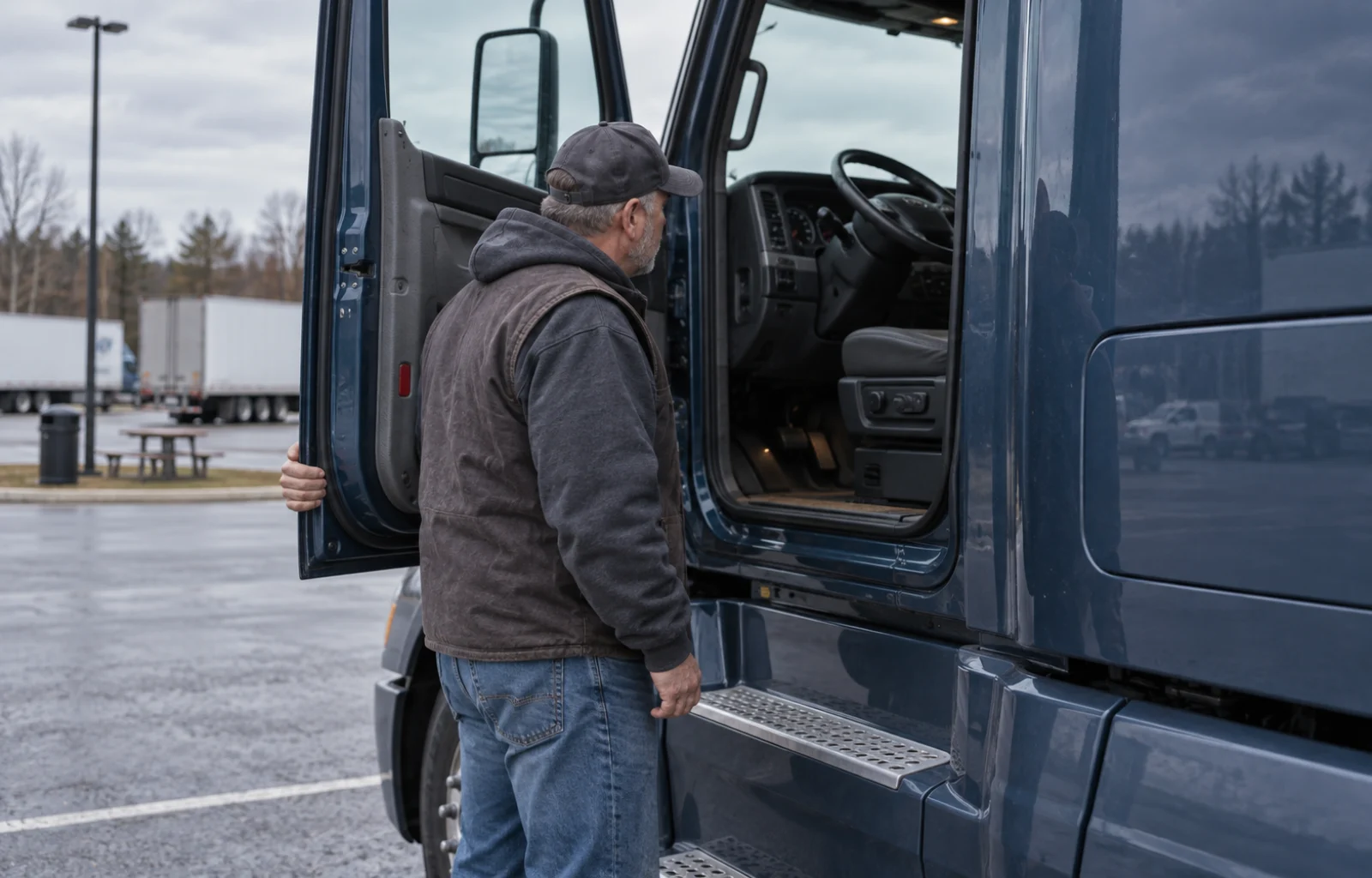 Illustrative scene of a driver standing beside the open cab door of a blue truck in a marked parking bay before departure