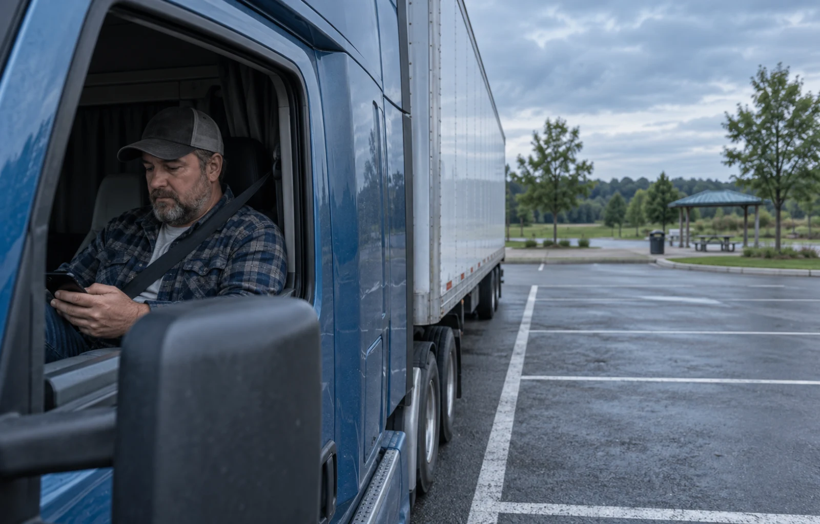 Illustrative scene of a driver looking at a phone inside a stationary blue truck beside marked rest-area parking spaces