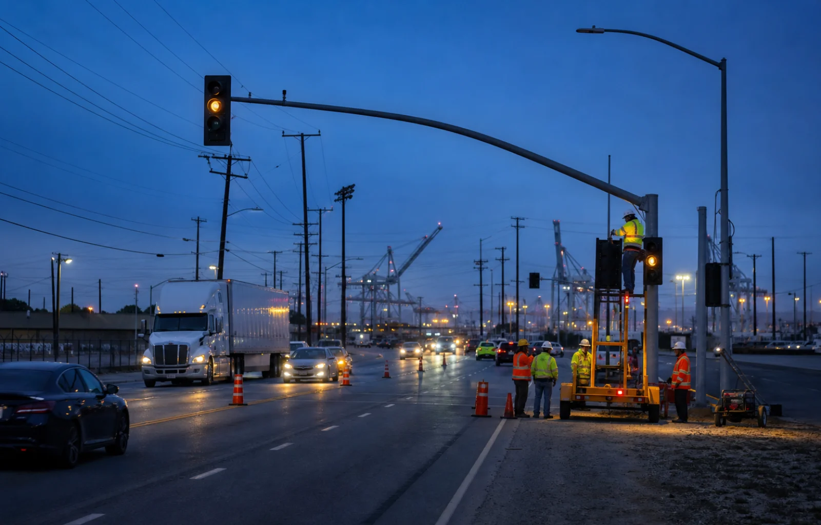 Road workers install a temporary traffic signal beside evening traffic on an industrial Wilmington highway