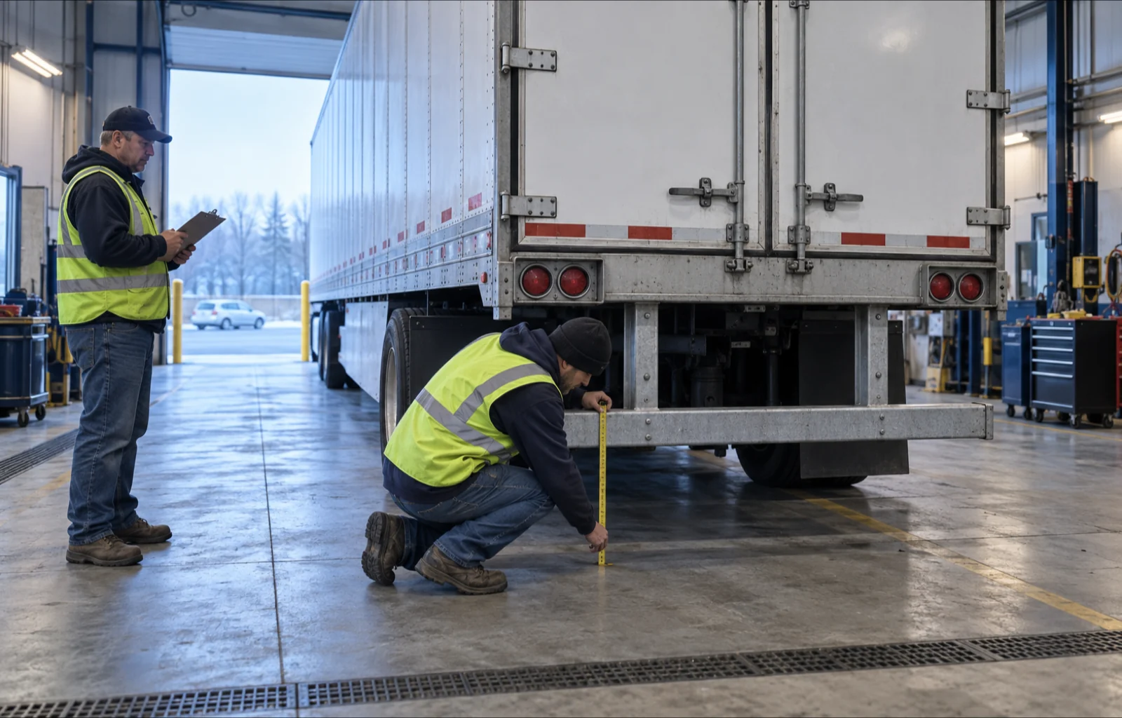 A commercial-vehicle technician measures the intact rear underride guard on an unbranded dry van trailer inside an inspection bay while a second worker records the check