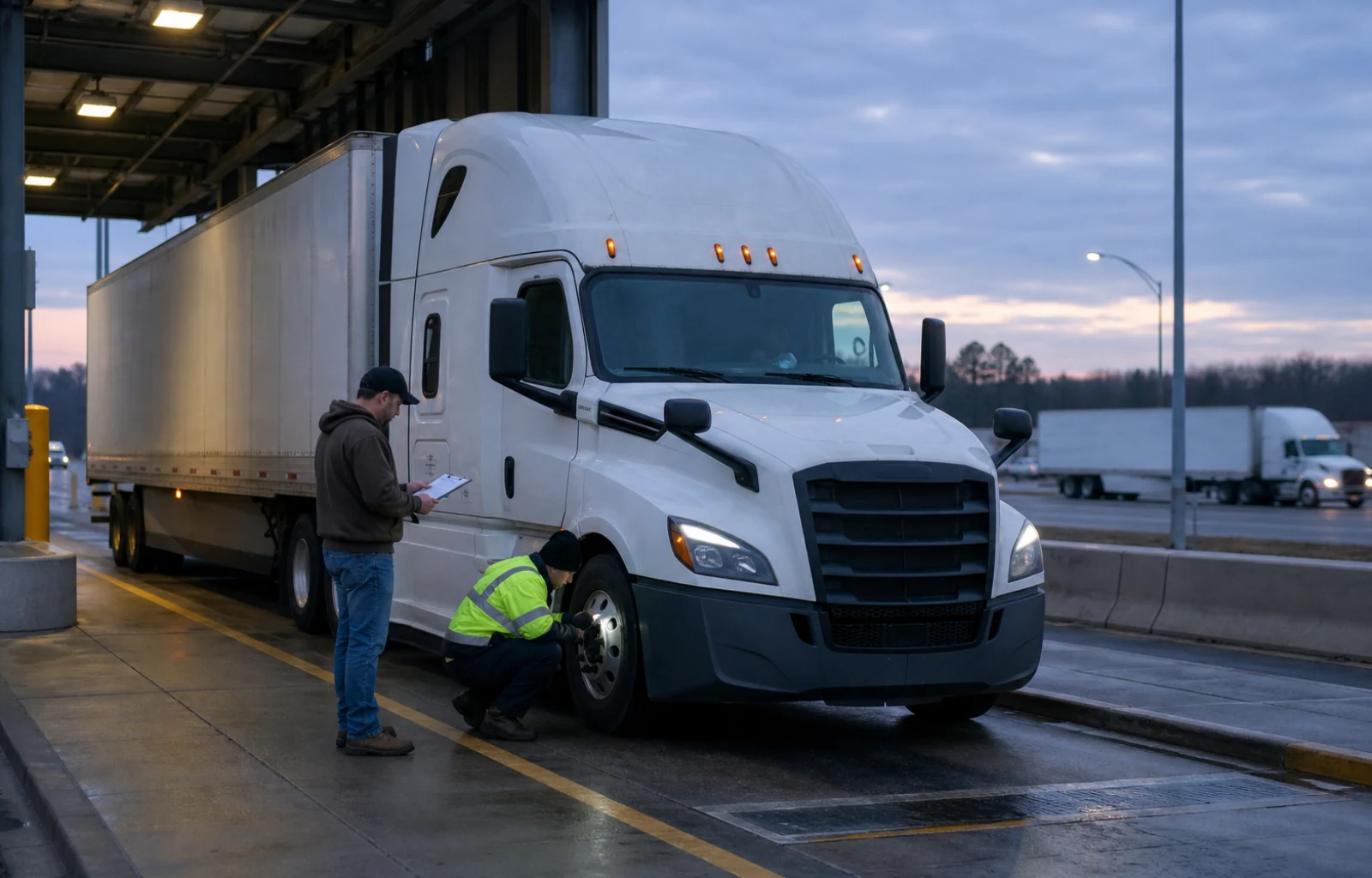A commercial truck driver waits while an inspector examines a front wheel in a dedicated roadside inspection bay