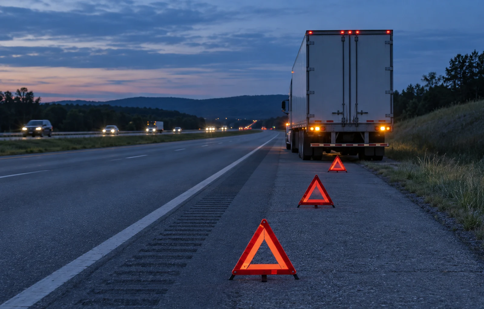 Three reflective warning triangles lead toward an unbranded tractor-trailer stopped fully on a divided-highway shoulder at blue hour with its hazard lights on