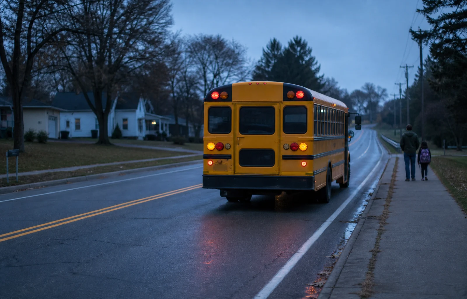 A school bus approaches an adult and child waiting on the same roadside sidewalk at dawn