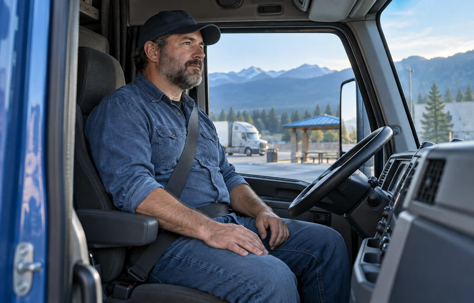 Illustrative scene of an adult driver sitting upright in a parked truck cab with a three-point seat belt across the shoulder, chest and hips