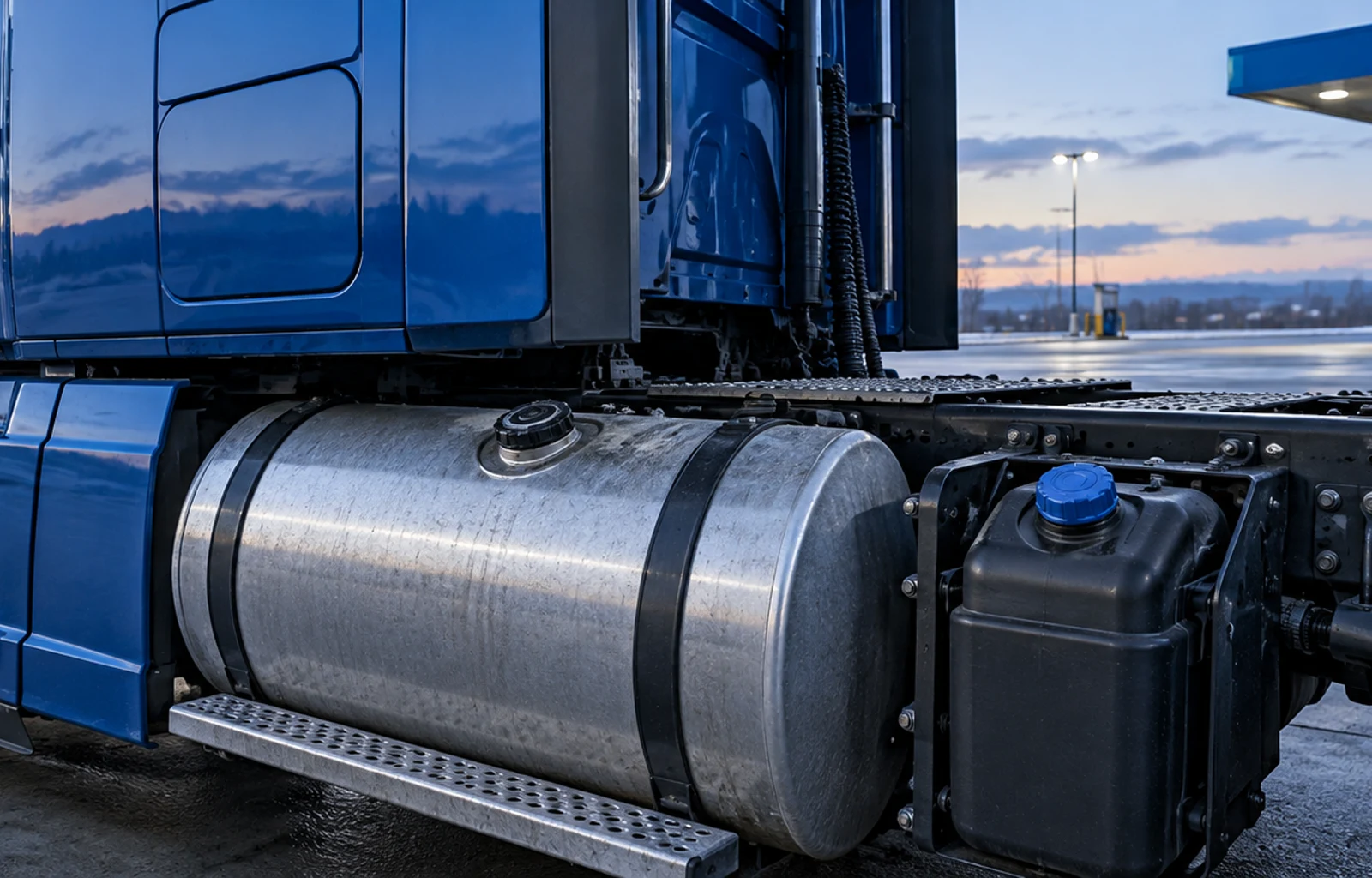 Illustrative view of a parked blue tractor with a silver diesel tank and separate smaller DEF reservoir with its blue cap closed