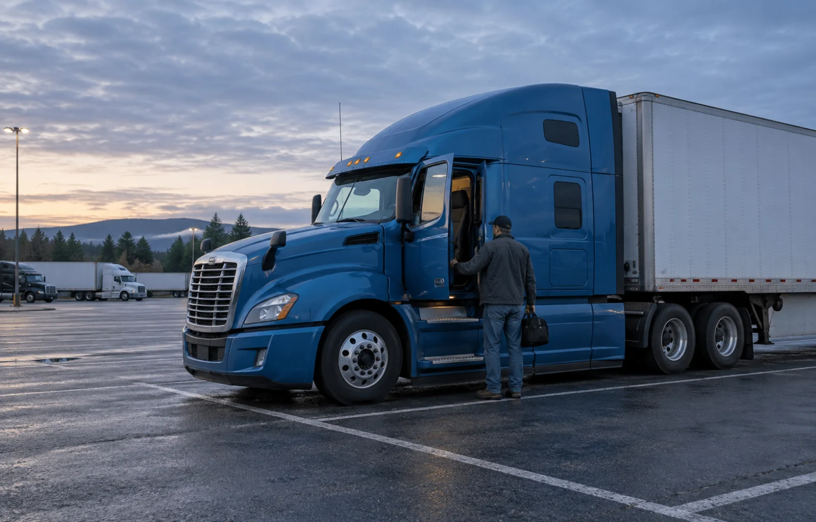 Illustrative scene of a driver with a travel bag standing beside the open door of a blue sleeper tractor and white trailer parked in an open-air truck parking bay at dawn