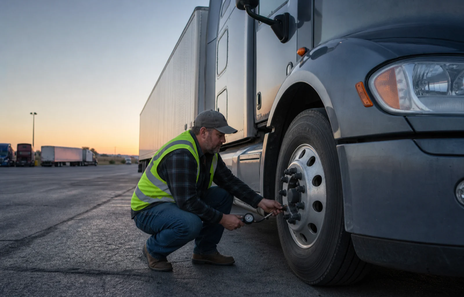 A truck driver checks a semi truck's steer-tire pressure before sunrise at a Southern Plains parking area