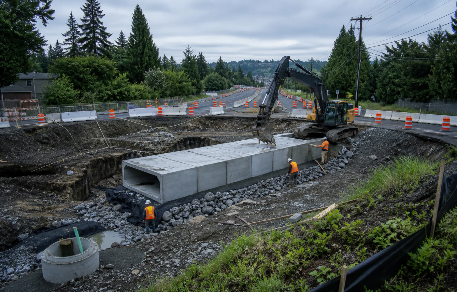 Crews installing a concrete fish-passage structure beneath an excavated Pacific Northwest highway