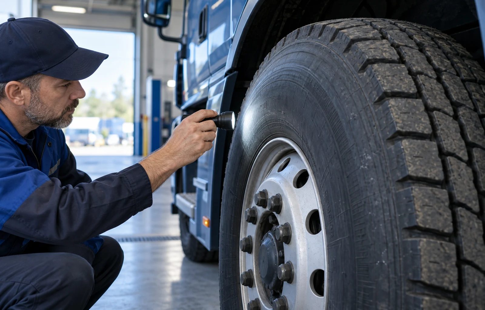 Illustrative close view of a mounted commercial truck tire as a technician illuminates its sidewall in a blue-toned inspection bay