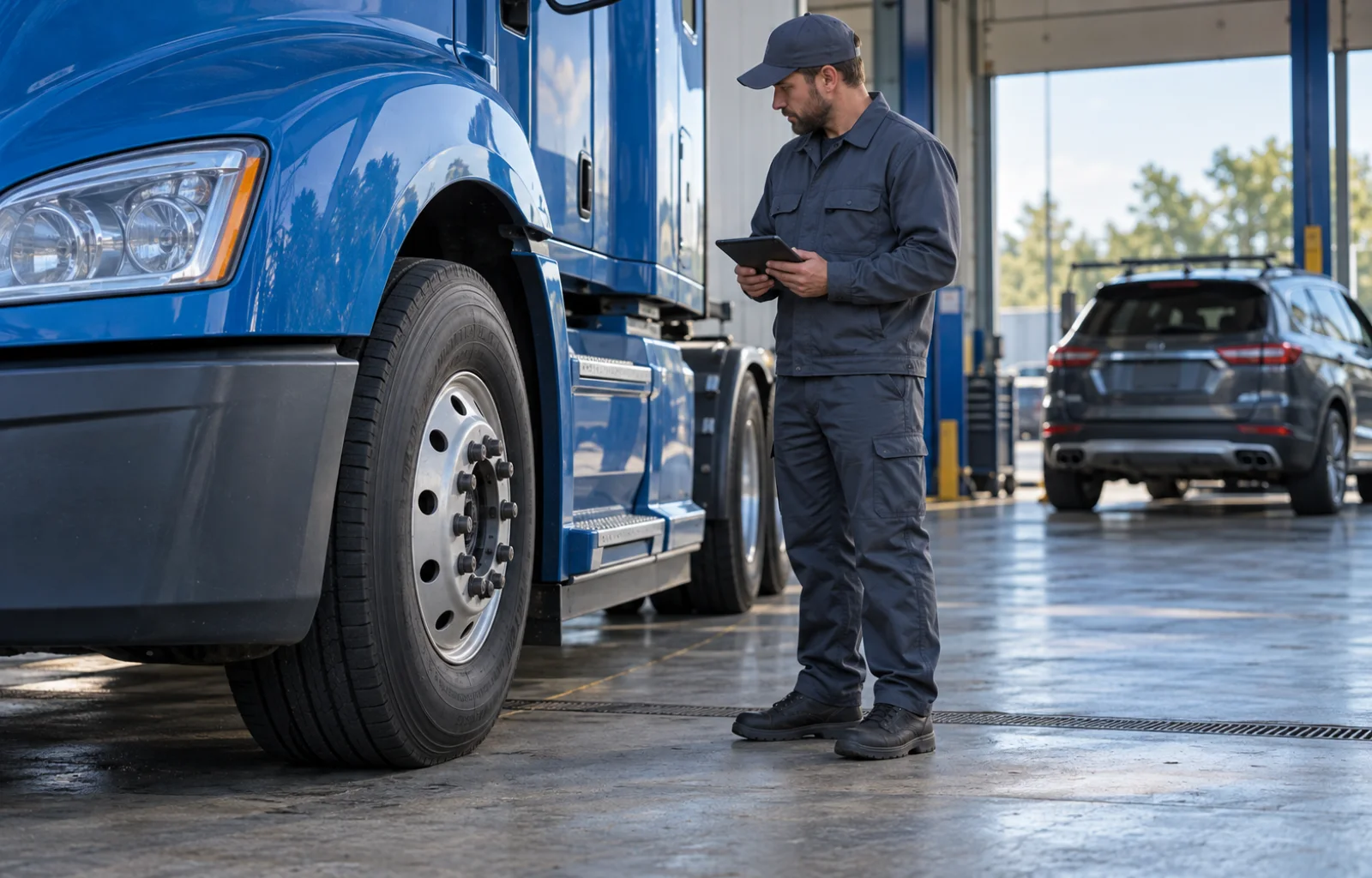 Illustrative scene of a technician holding a tablet beside the conventional front tire of a parked blue truck, with a family SUV in an adjacent service bay