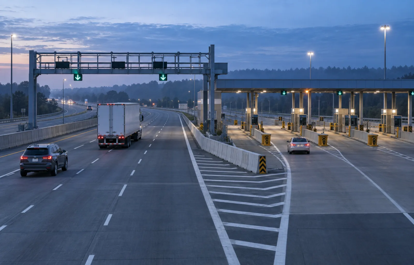 An unbranded tractor-trailer and passenger vehicles travel safely through a blue-hour highway toll approach where high-speed lanes continue straight and low-speed toll-booth lanes divide to the right