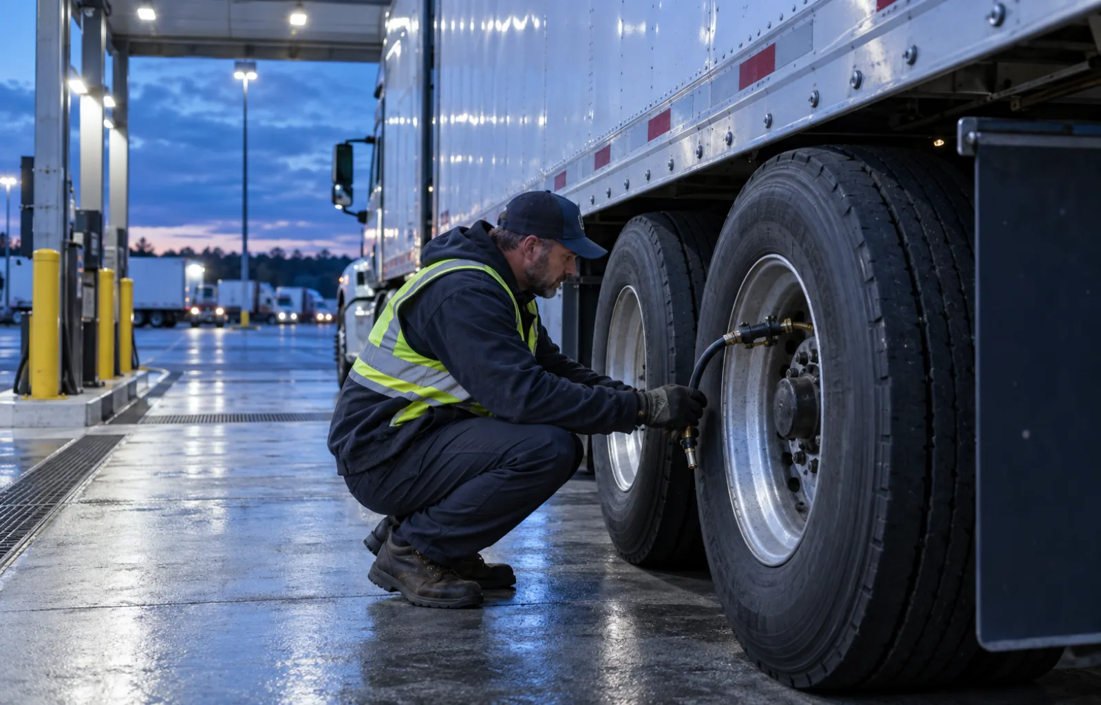 A technician checks the tire and inflation hose on a parked, unbranded tractor-trailer in a blue-hour truck-stop inspection bay