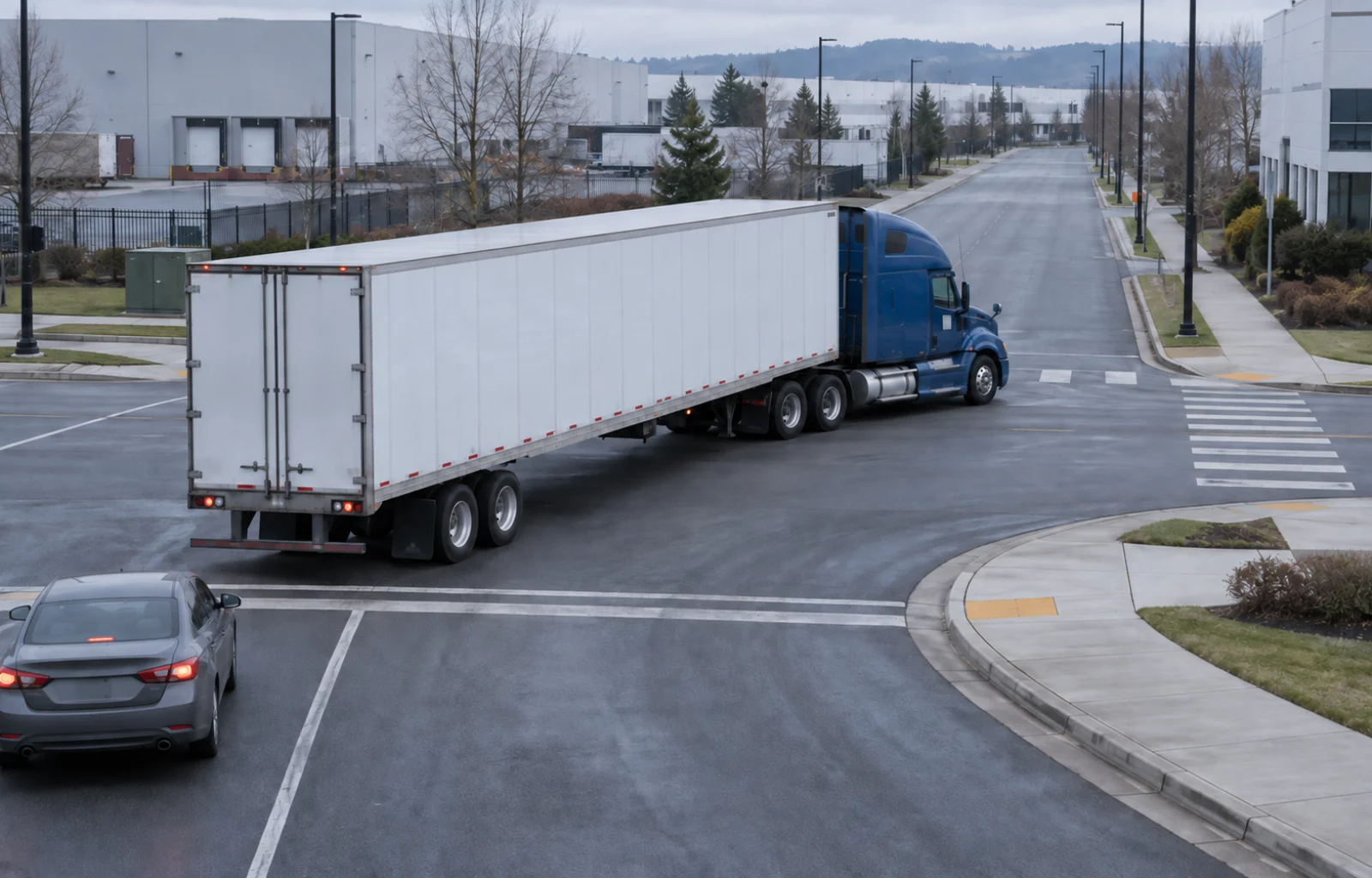 Illustration of a blue tractor and white semitrailer turning at an industrial intersection while a gray car waits behind and the curbside space remains clear