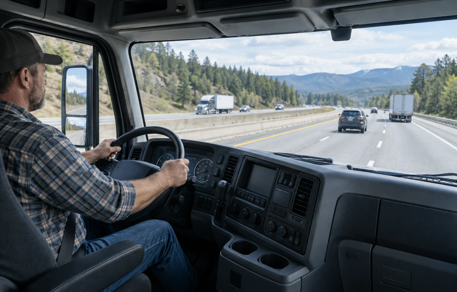 Illustrative view inside a truck cab of a seat-belted driver holding the steering wheel with both hands while looking down a straight highway
