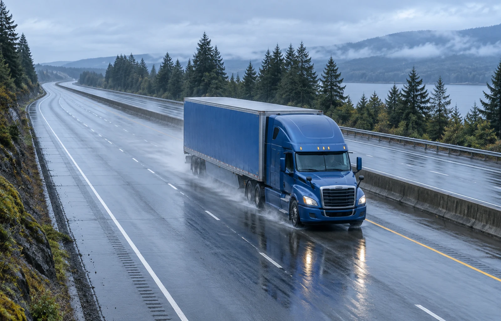 Illustrative view of an unbranded blue tractor-trailer traveling on a wet divided highway with tire spray and reflective pavement beneath an overcast sky