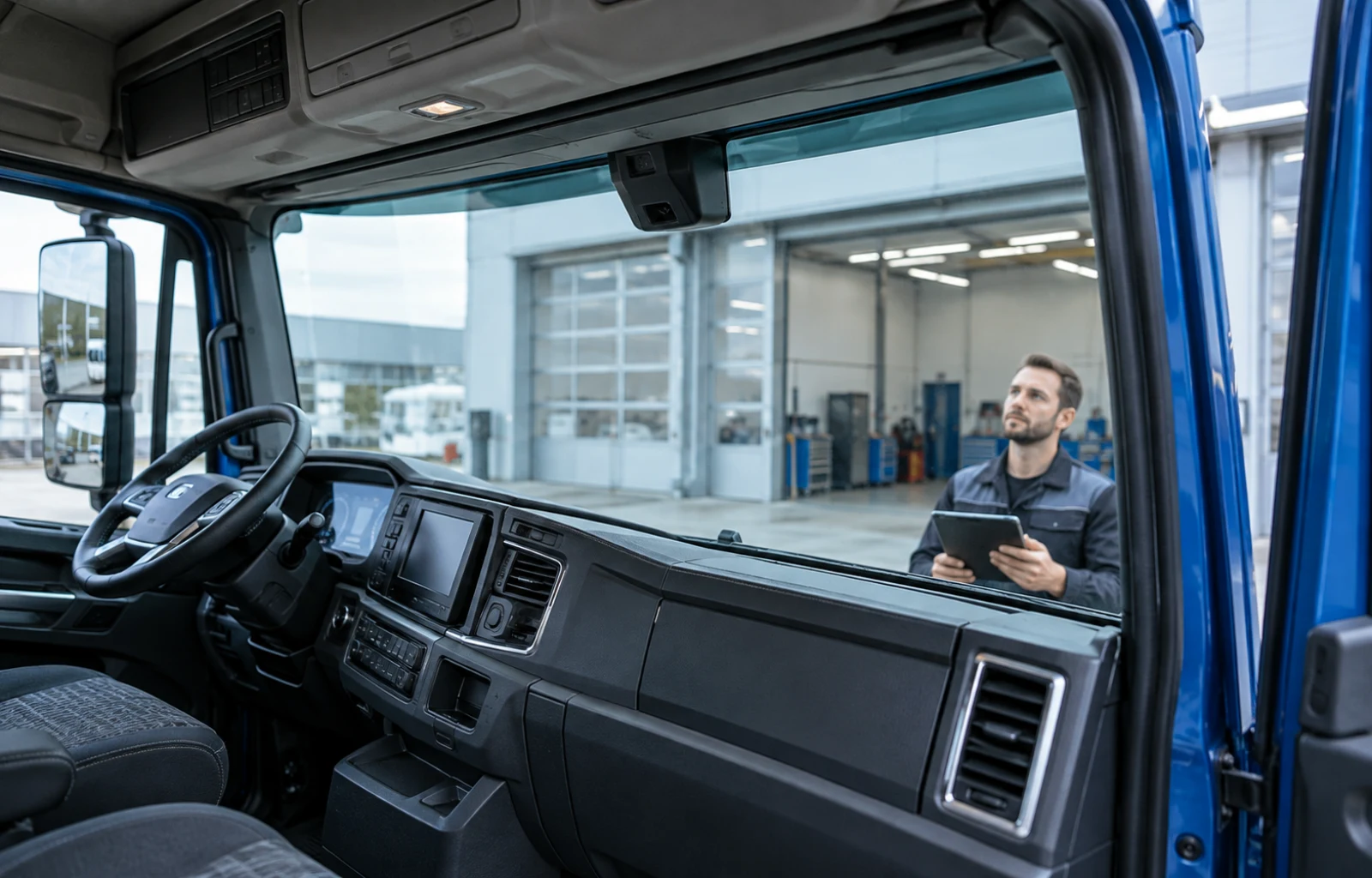 Illustrative view into a parked blue truck cab showing a windshield-mounted camera housing while a technician outside holds a tablet