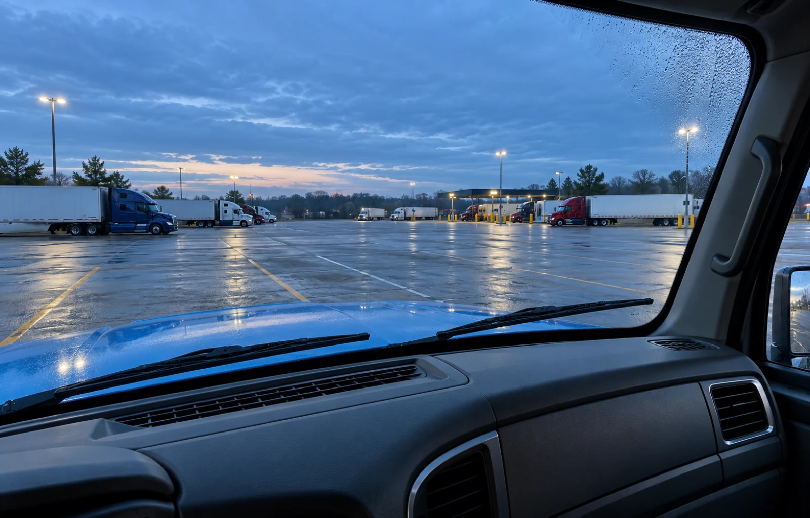 Illustrative view from inside a parked truck cab across an intact windshield, resting wiper blades and dashboard vents toward a quiet parking area