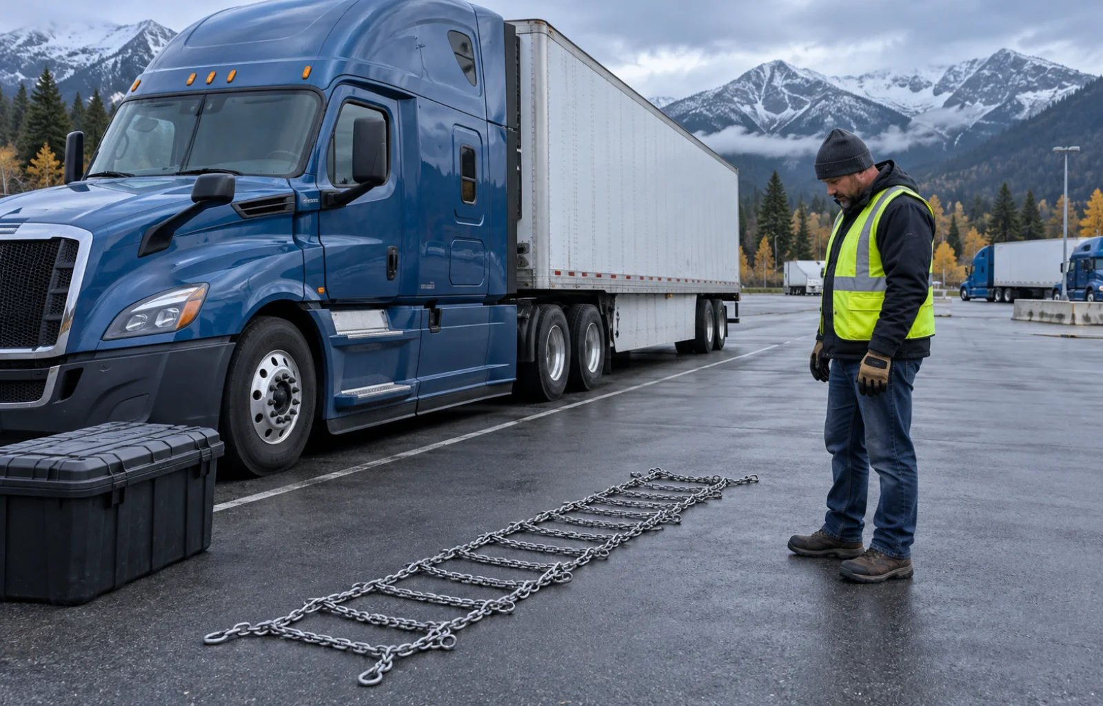 Illustrative scene of a driver in a reflective vest inspecting steel tire chains laid on pavement beside a parked blue tractor-trailer in a terminal bay, with snowy mountains in the distance